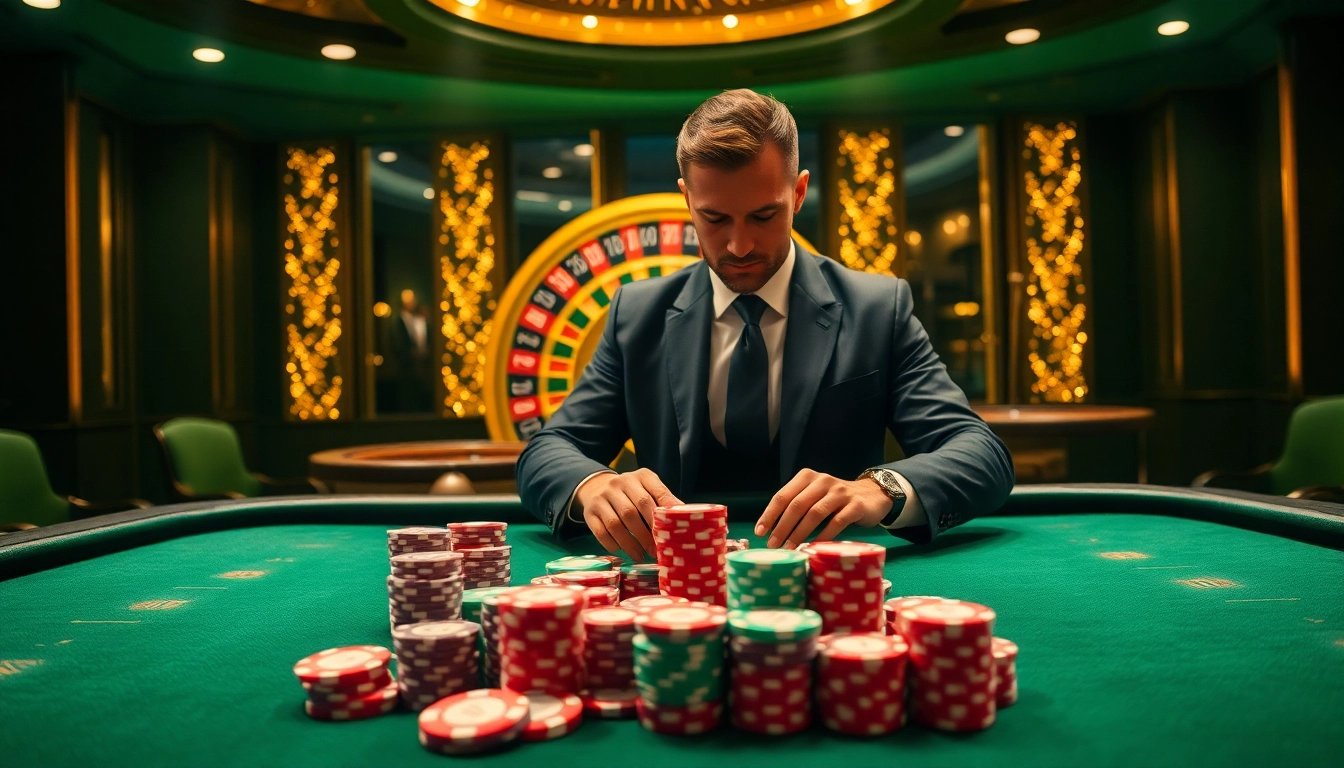 Experience the excitement of 555win at a luxurious casino table with vibrant chips and cards.