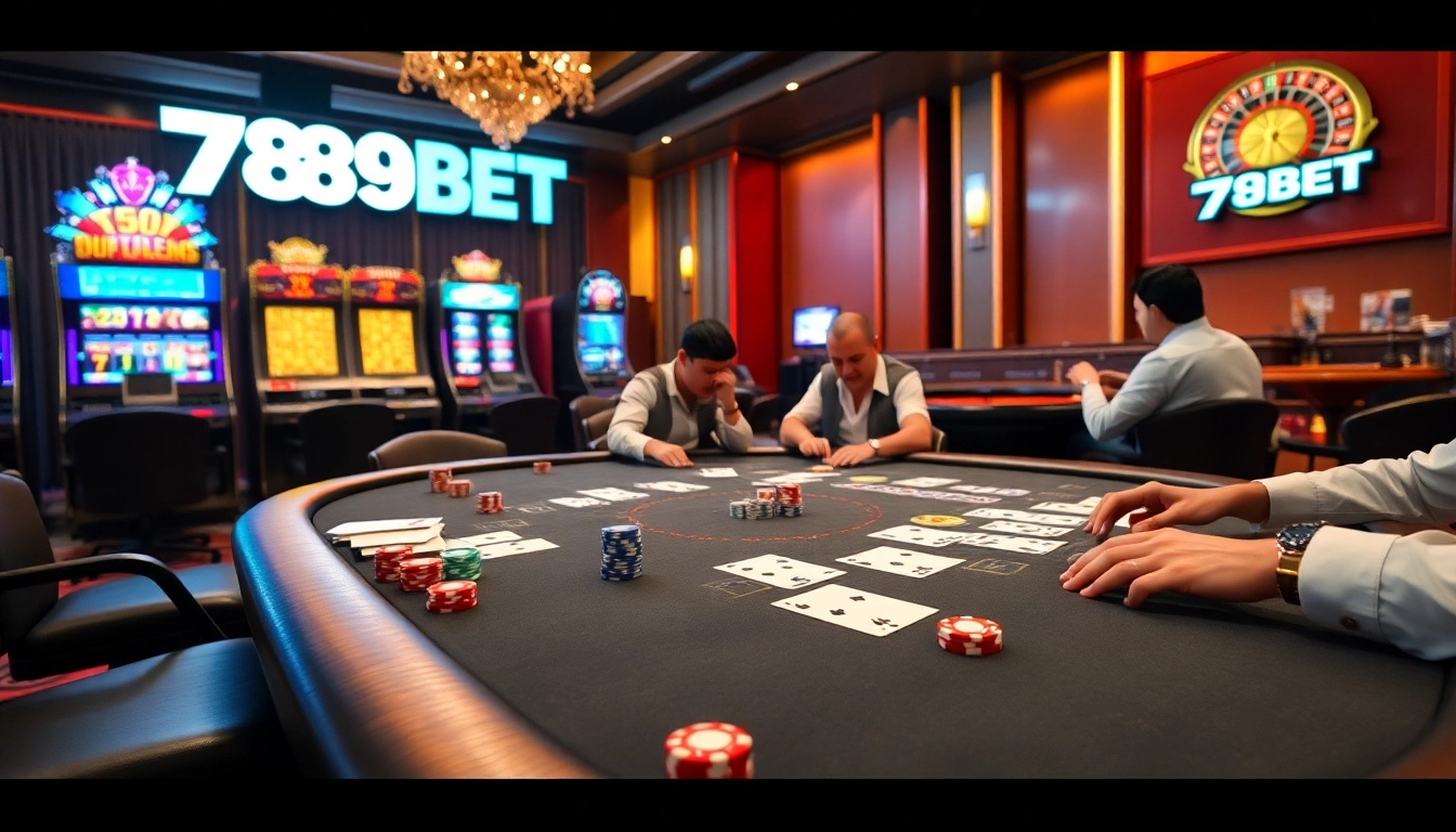 Engaged players enjoying a thrilling game at 789BET's elite poker table in a luxurious casino atmosphere.