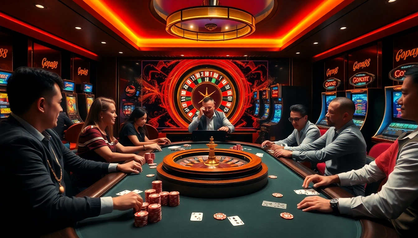 Players enjoying a thrilling poker game at a luxurious casino table featuring Gopay88 branding.