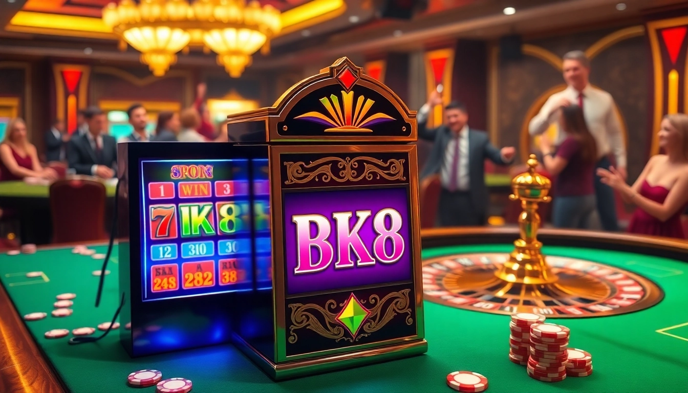 Experience the excitement of bk8 สล็อต at a luxurious casino, featuring elegant slot machines and vibrant tables.