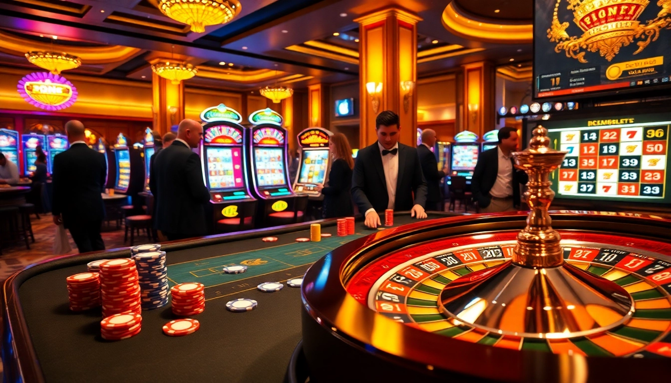 idnslot table with vibrant poker chips and slot machines, showcasing modern gambling excitement.