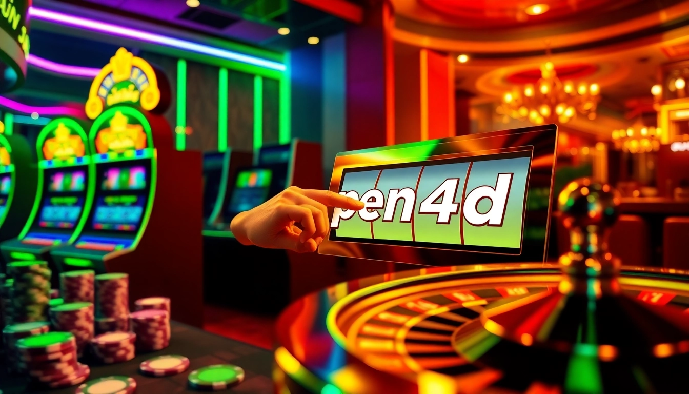 Engage with pen4d in a thrilling online gambling scene featuring vibrant slot machines and poker chips.